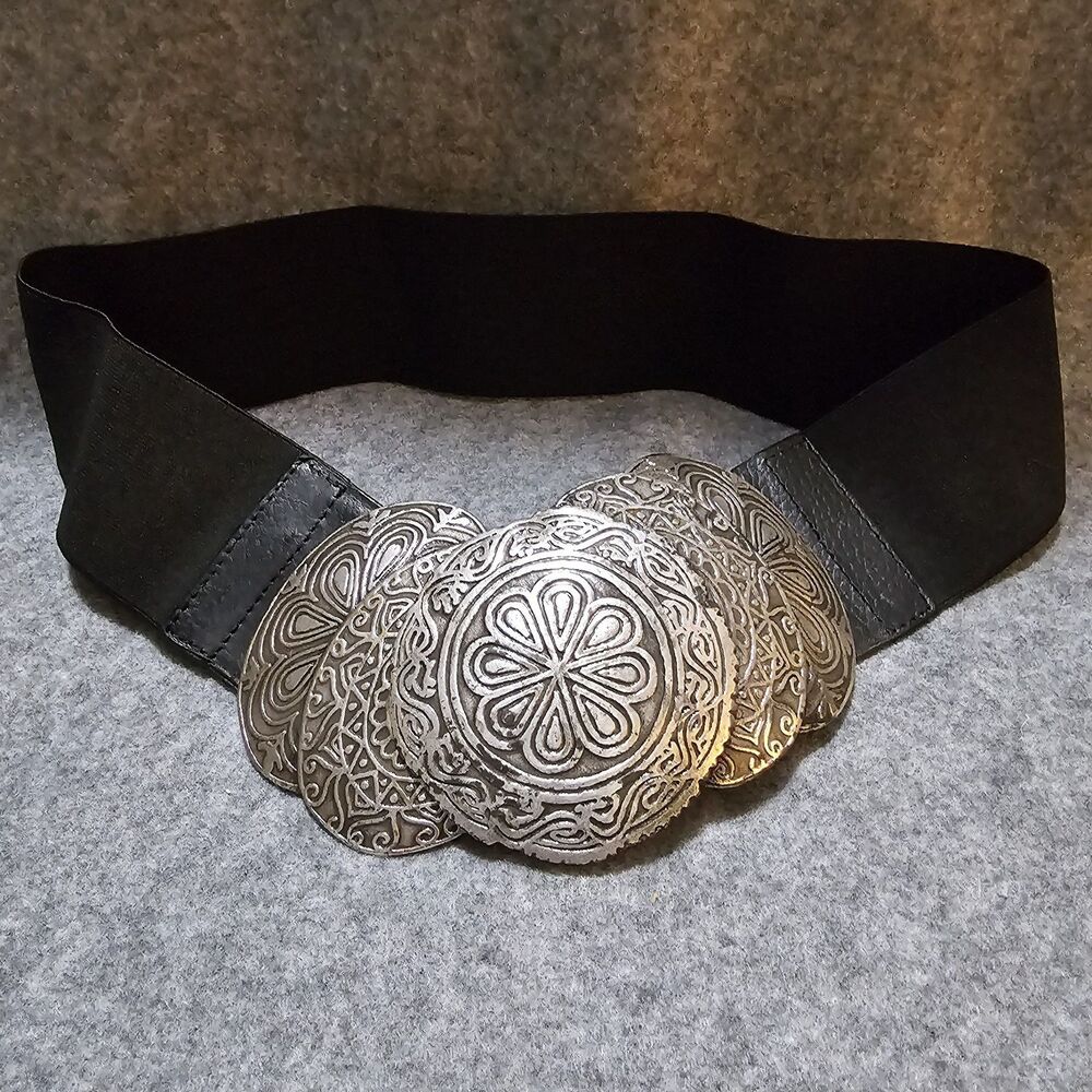 Stretch Belt for Women -  Black Belt with Ornate Antique Look Buckle.